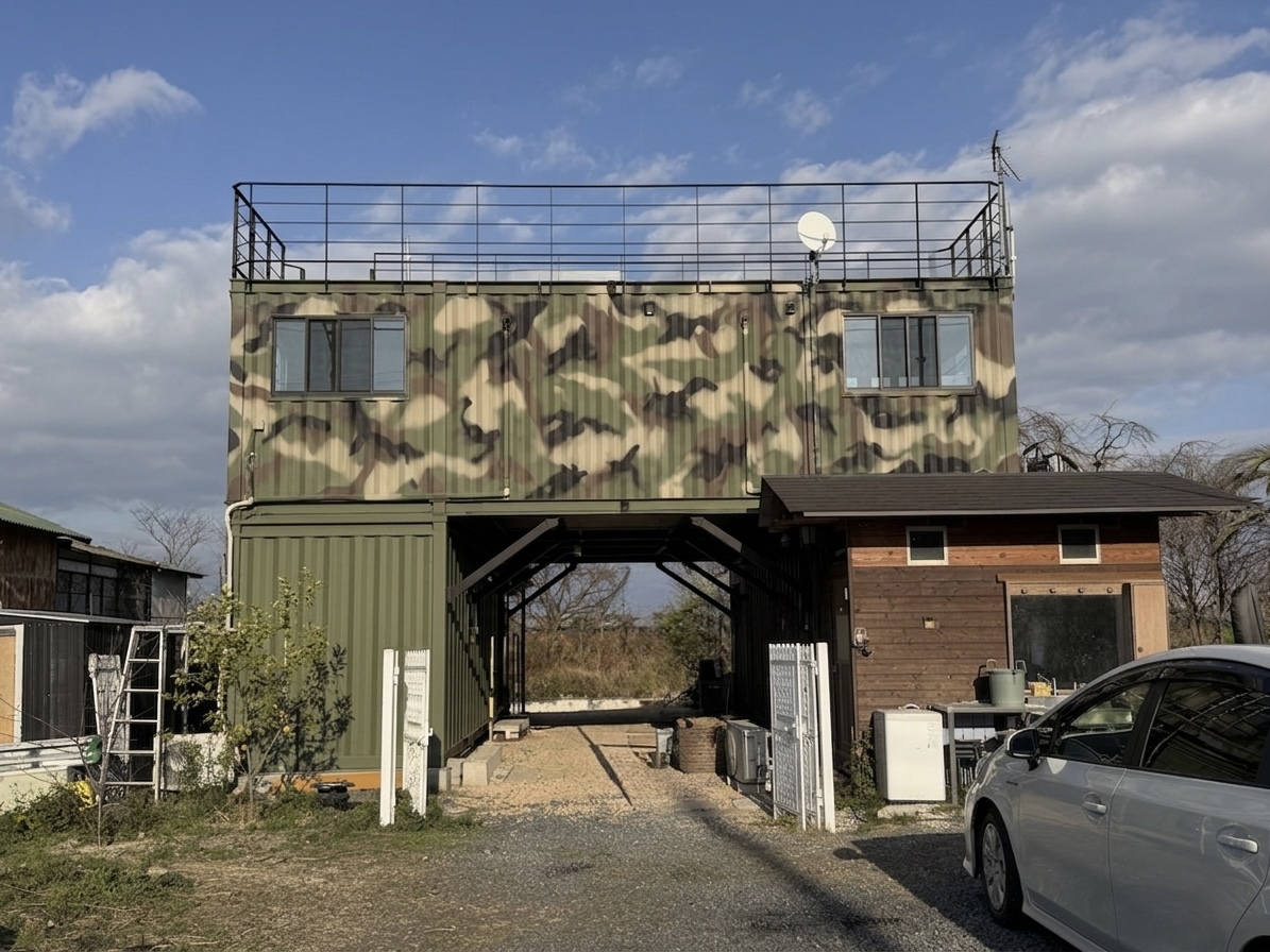 コンテナハウス 迷彩デザイン塗装　【呉市　蒲刈】